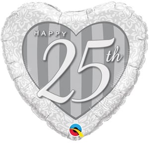 a heart shaped balloon that says happy 25th on it