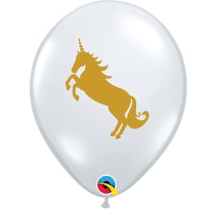 A white balloon with a gold unicorn on it .