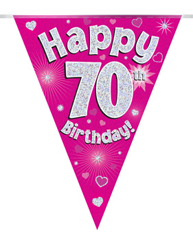 A pink banner that says "Happy 70th Birthday."