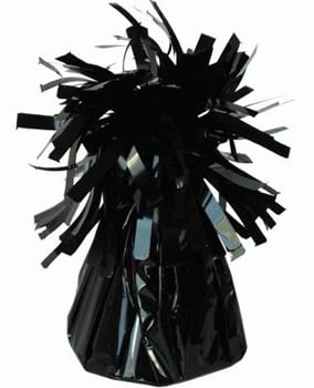 A black balloon weight with fringe is on a white background.
