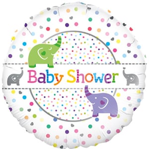 A baby shower balloon with elephants and polka dots.
