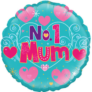 A blue and pink balloon that says "No. 1 Mum."