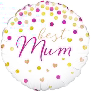 A balloon that says "Best Mum" with pink and gold polka dots.