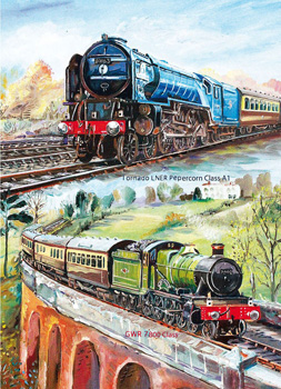 A painting of two trains with the words "Tornado LNER Peppercorn Class A1" on the bottom.
(Note: The original sentence is already grammatically correct)