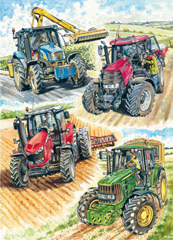 A painting of four different tractors, including a John Deere, is .