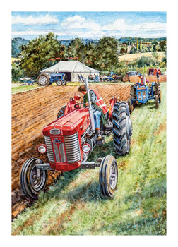 A painting of a man driving a red tractor is grammatically correct as it is.