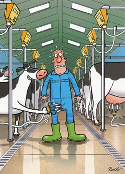 A cartoon of a man standing in a barn with cows.
