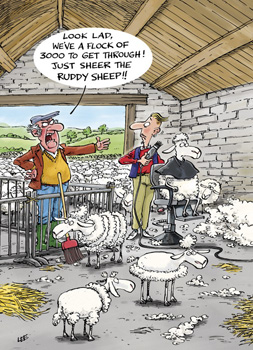 A cartoon of a man talking to a flock of sheep.