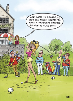 A cartoon of a woman playing golf says her game are dreadful.