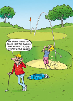 A cartoon of a man talking on a cell phone on a golf course.