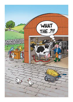 A cartoon of a cow in a barn with a speech bubble that says "what the".