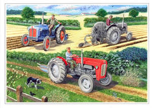 a painting of three tractors plowing a field