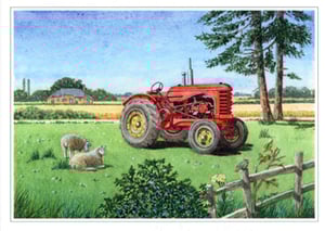 A painting of a red tractor in a field with sheep.