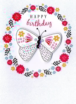 A birthday card with a butterfly and the words "Happy Birthday."