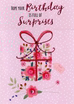 Brighten up your card selection with this delightful 'Open Birthday Female' card! Featuring a charming floral gift box design, this card is adorned with shimmering glitter details that add a touch of sparkle. The sweet message, 'Hope your Birthday is full of Surprises', makes it perfect for any special woman celebrating her big day.

Set against a soft pink background with playful polka dots, the vibrant floral patterns and elegant ribbon create a truly eye-catching look. Each card comes with a 'With Love' tag, adding an extra thoughtful touch. Stock up on this popular design, available in a convenient pack of 6, and offer your customers a beautiful way to send their warmest birthday wishes.