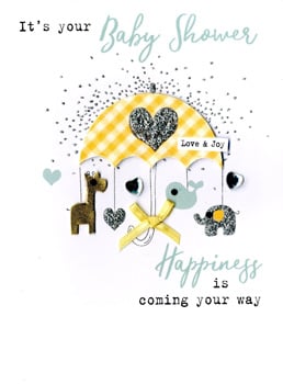 A baby shower card that says happiness is coming your way.