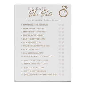 A card that says "he said, she said" on it.