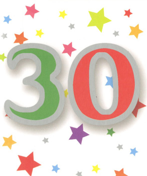 The number 30 is surrounded by colorful stars.