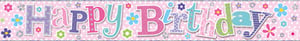 A happy birthday banner with flowers and stars is on a pink background.