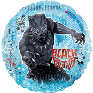 A blue balloon with a black panther on it.