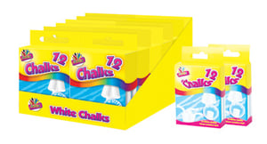 A display of white chalks in a yellow box.