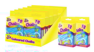a box of coloured chalks sits next to two other boxes