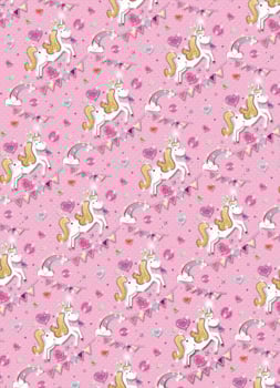 A pink background with unicorns and rainbows on it.
