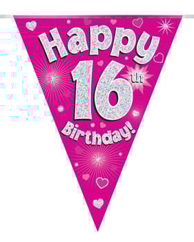 A pink banner which says happy 16th birthday.