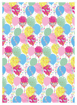 A seamless pattern of balloons and confetti is on a white background.