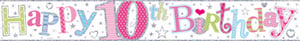 A happy 10th birthday banner with hearts and stars.