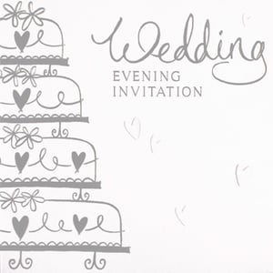 A wedding evening invitation with a drawing of a wedding cake.