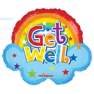 a get well balloon with a rainbow and stars