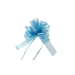 A light blue bow with a long ribbon is on a white background.