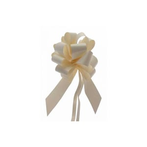 A white bow with an attached yellow ribbon to it.