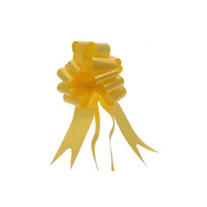 A yellow bow with long tails is on a white background.