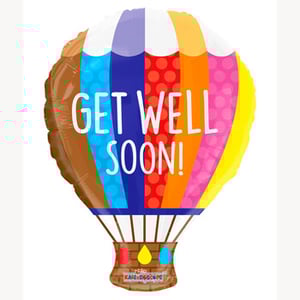 A colorful hot air balloon says, "Get well soon."