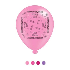 A pink balloon with the words "on your christening" on it.