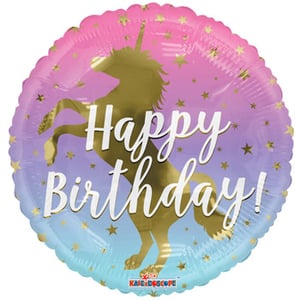 A happy birthday balloon with a unicorn on it