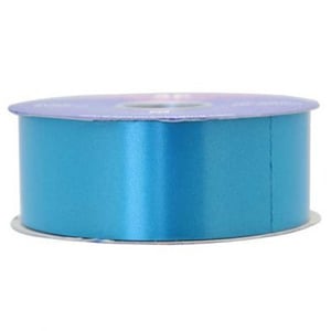 A roll of blue satin ribbon is on a white background.
