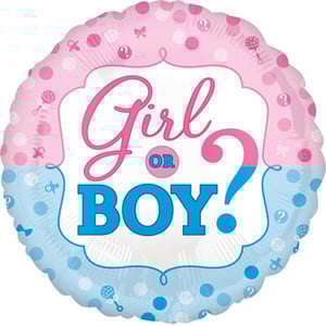 A pink and blue balloon that says "girl" or "boy".