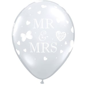 A clear balloon with the words "Mr. and Mrs." on it.