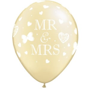 A Mr. and Mrs. balloon with hearts and butterflies on it.