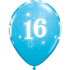 A blue balloon with the number 16 on it.