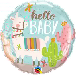 a hello baby balloon with a llama and cactus on it