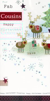 A Christmas card that says "Happy Christmas, cousins."