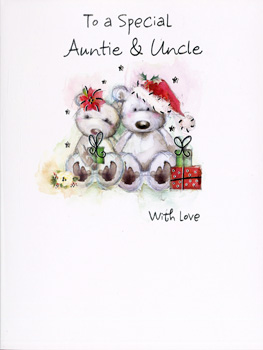 A card that says "to a special Auntie and Uncle, with love."