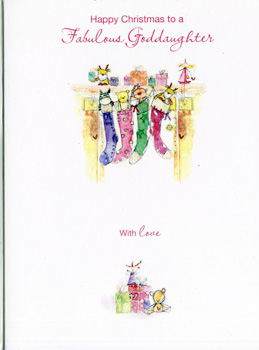 A Christmas card that says "Happy Christmas" to a fabulous goddaughter.