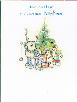 A Christmas card says, "Have lots of fun at Christmas, nephew."