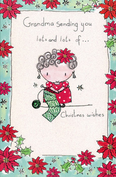A Christmas card that says "Grandma, sending you lots and lots of Christmas wishes."