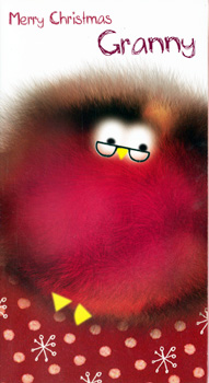 A Merry Christmas granny card with a fluffy red bird wearing glasses.